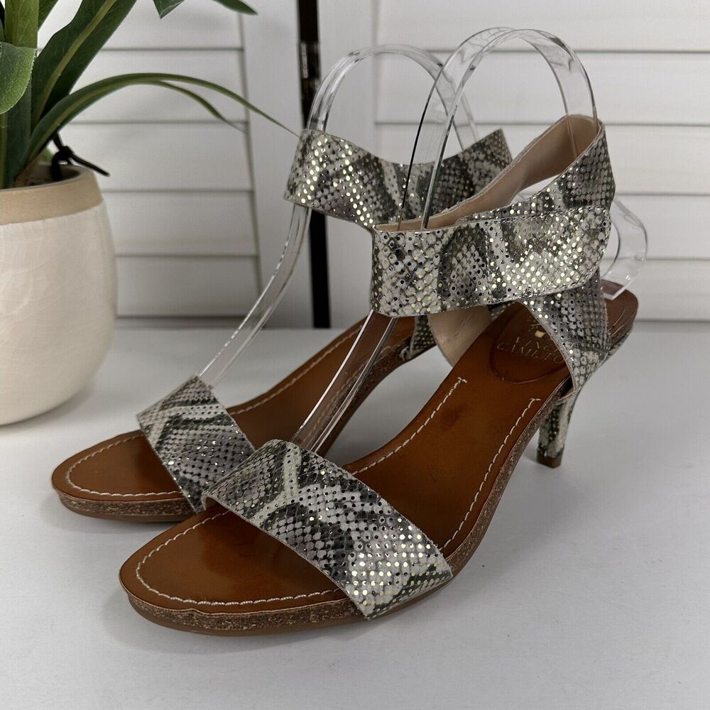 Vince Camuto Olinsa Pumps Gray Sparkle‎ Snakeskin Print Ankle Strap Shoe Size 8M